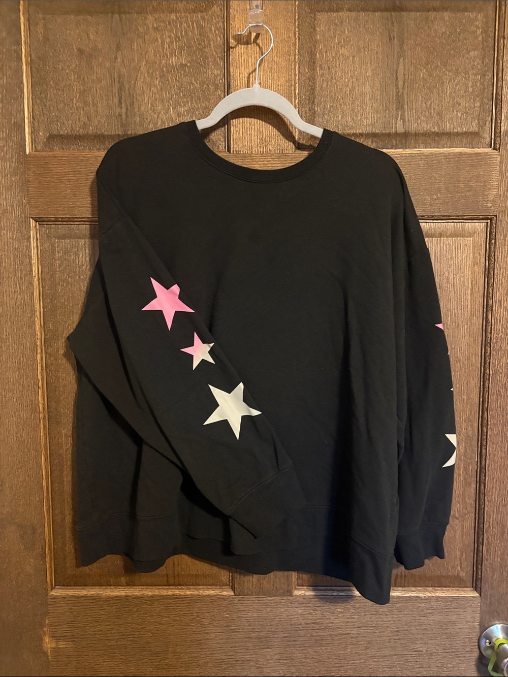 Black womens Sweatshirt with Pink & White Star Sleeves
